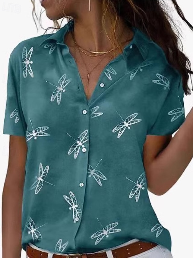  Mujer Camisa Blusa Flor Moderno Casual Manga Corta Cuello Camisero Tops regulares Diario Festivos Botones Estampado Rosa Azul Piscina Verde Trébol Gris Otoño