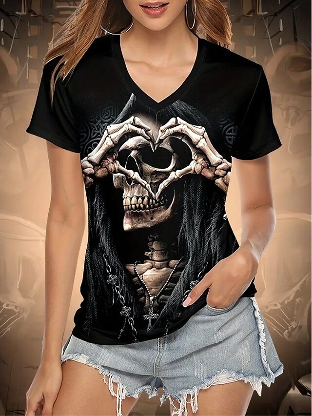  Halloween Femmes T-shirt Graphique Crâne ancien Élégant Classique Manche Courte Col en V Hauts Réguliers Quotidien Imprimé Noir Arc-en-ciel Été Printemps