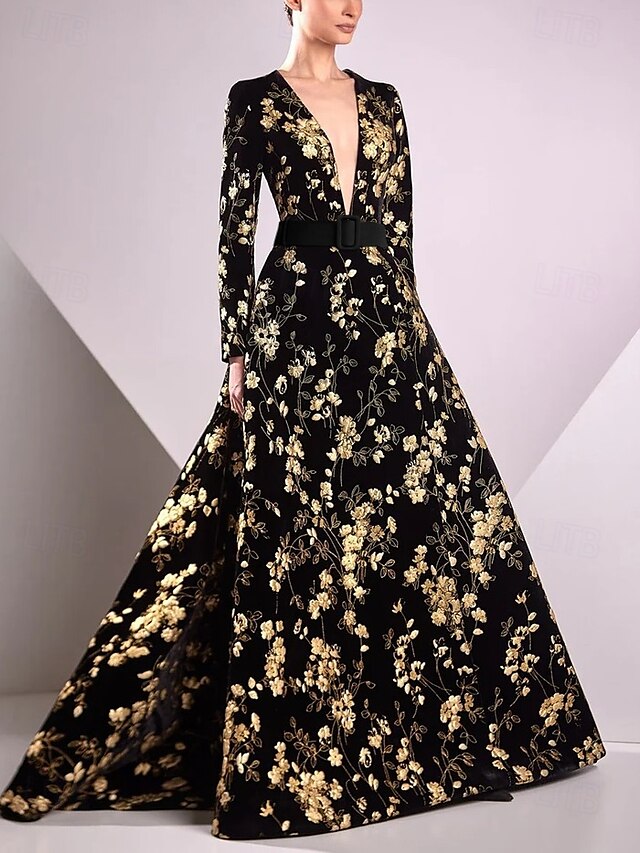  Abito da sera elegante con stampa floreale in oro e cravatta nera, a trapezio, lungo fino al pavimento, manica lunga, scollo a V, tasca in nylon 2025