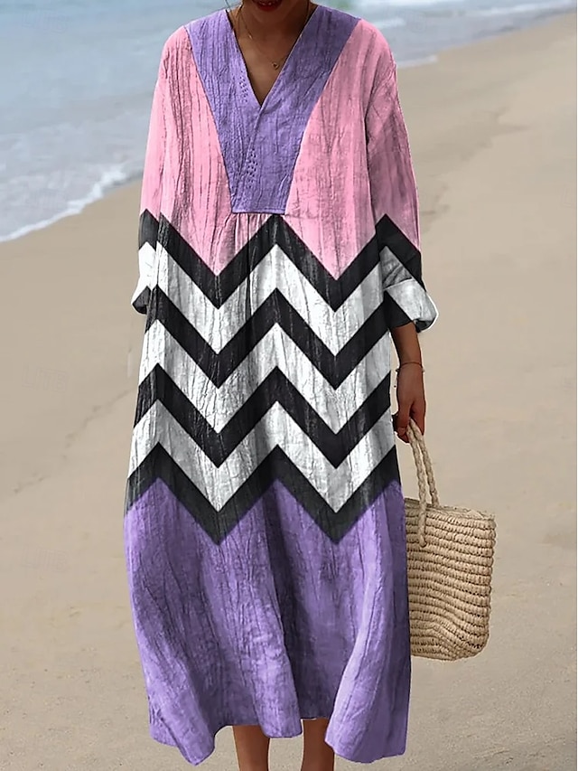  Damen Maxikleid Sommerkleid A Linie Kleid Urlaub Lässig Boho Party Ausgehen Strand Grafik Geometrisch Langarm V Ausschnitt Gelb Purpur Orange Sommer Frühling Herbst