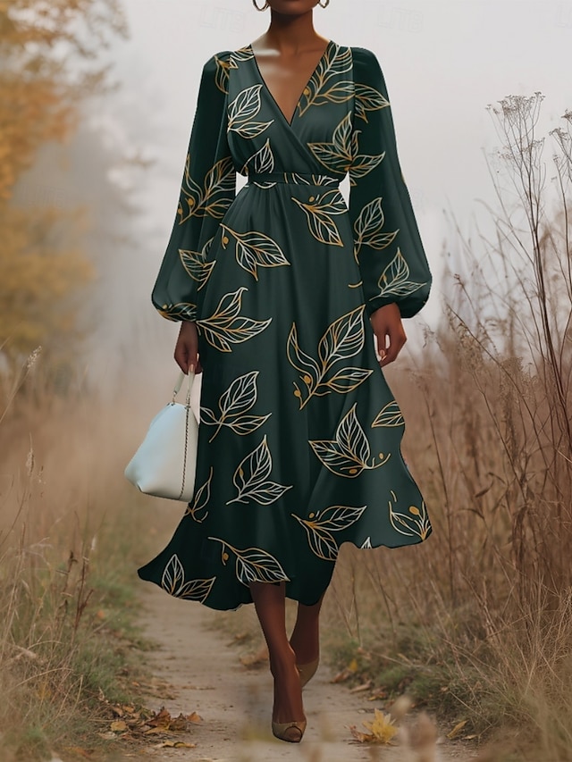  Women's Midi Dress Casual Dress Chiffon Swing Dress Modern Vacation Daily Weekend Regular Fit Floral Long Sleeve V Neck Blue Green Dark Blue Summer Spring Fall Autumn