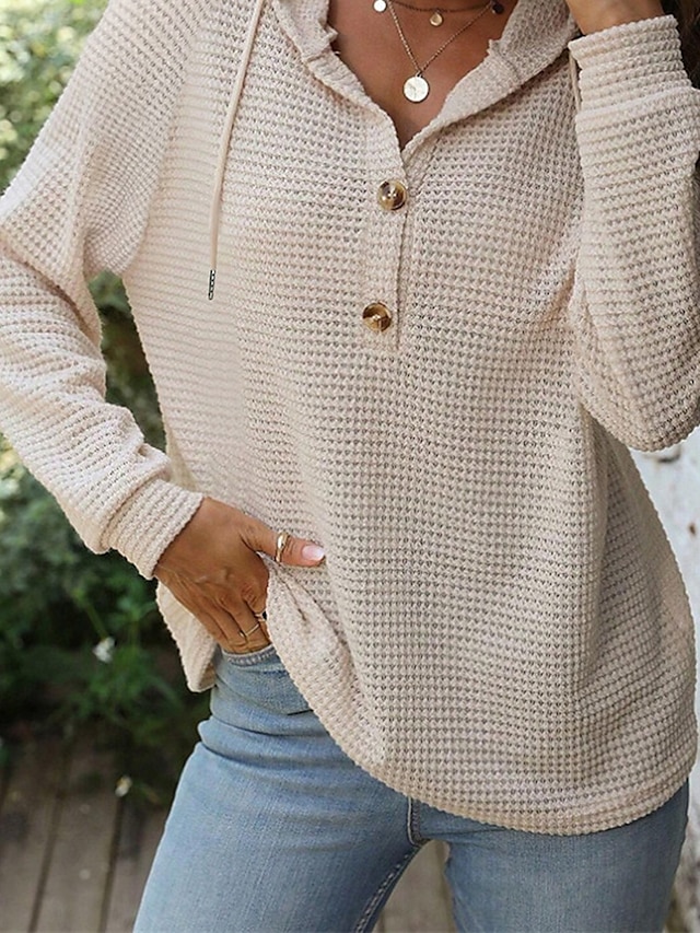  Mulheres Pulôver Moletom Com Capuz Tecido Roupa de rua Casual Confortável Manga Longa Com Capuz Tops regulares Rua Feriado Para Noite Botões Preto Branco Bege Outono