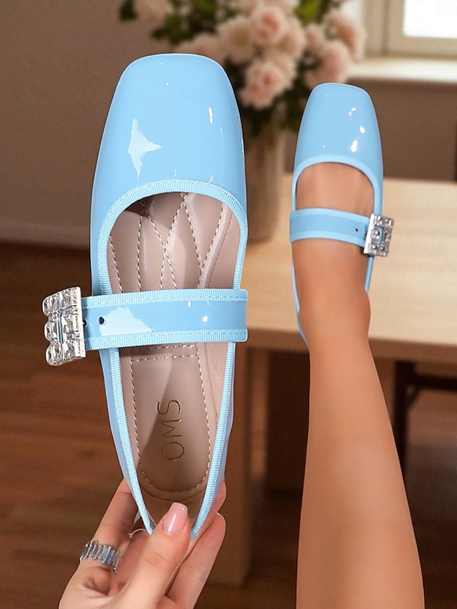  Women's Almond Patent Leather Mary Jane Flats with Rhinestone Buckle  - 1960s Mod Style Comfortable Ballet Shoes for Teens and Ladies, Ideal for School, Parties, and Daily Wear