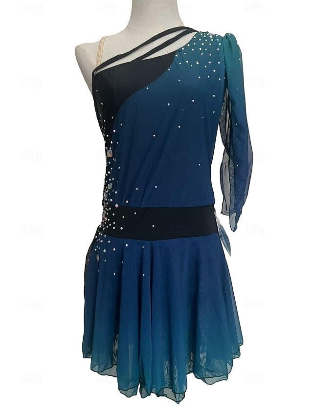 Figure Skating Dress Women's Girls' Ice Skating Dress Outfits Blue Mesh Spandex High Elasticity Competition Skating Wear Crystal / Rhinestone Short Sleeve Ice Skating Figure Skating3