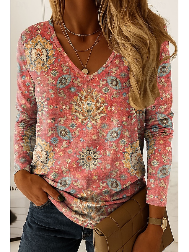  Femmes T-shirt Graphique Paisley ancien Élégant Classique manche longue Col en V Hauts Réguliers Quotidien Imprimé Rose Claire Rouge Bleu Violet Vert Printemps Automne