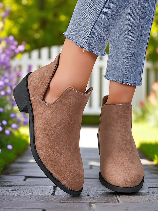  Botines de ante sintético para mujer con tacón bajo: botas cortas informales para uso diario, paseos de otoño y caminos rurales.