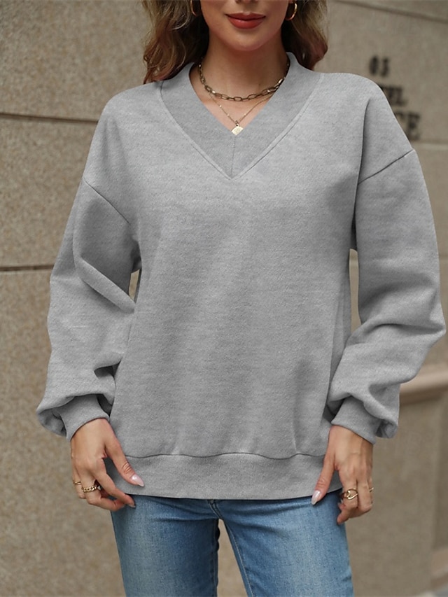  בגדי ריקוד נשים Pullover אחיד סגנון רחוב יום יומי נוח שרוול ארוך צווארון V חולצות רגילות רחוב חגים ליציאה ורוד מסמיק יין אפור סתיו
