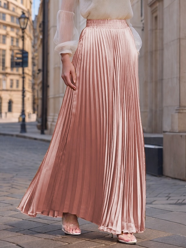  Pentru femei Fustă Fusta lunga Modă Lung Maxi Talie Înaltă Fuste Mată Zdrobit Plisată Sidefat Micro-elastic Zilnic Concediu Măr Verde Caisă Roșu Vin Roz mov Primăvară, toamnă, iarnă, vară Poliester