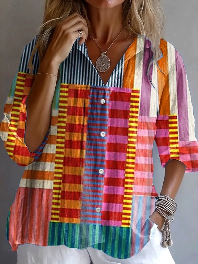 Women's Shirt Button Down Tunic Shirt Collar Long Sleeve Graphic Geometric Striped Vintage Tropical Daily Regular Tops Work Daily Holiday s Print Rainbow Spring Fall4
