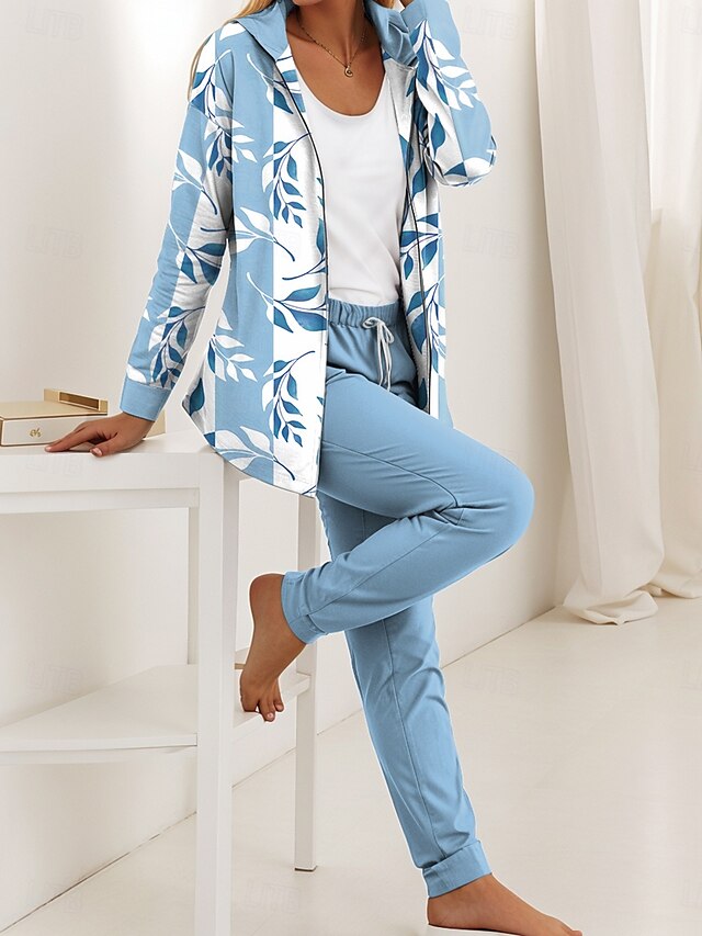  Women's Daily Hoodie Long Sleeve Hooded Floral Graphic Leaves Zipper Print Casual Blue Purple Green Fall Regular Fit