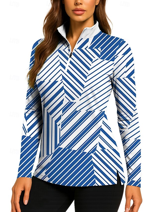 Women's Geometric Tops Golf Polo Shirt Tennis Shirt Long Sleeve Print Quarter Zip Pullover UV Protection Elastic Breathable Tennis Golf Pickleball Zip Collar Shirt Polo Blue and White Tennis Clothing4