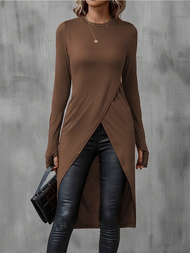  Damen Midikleid Etui-Kleid Wickelkleid Lässig Täglich Schlank Einfach Langarm Rundhalsausschnitt Schwarz Braun Sommer Frühling Herbst
