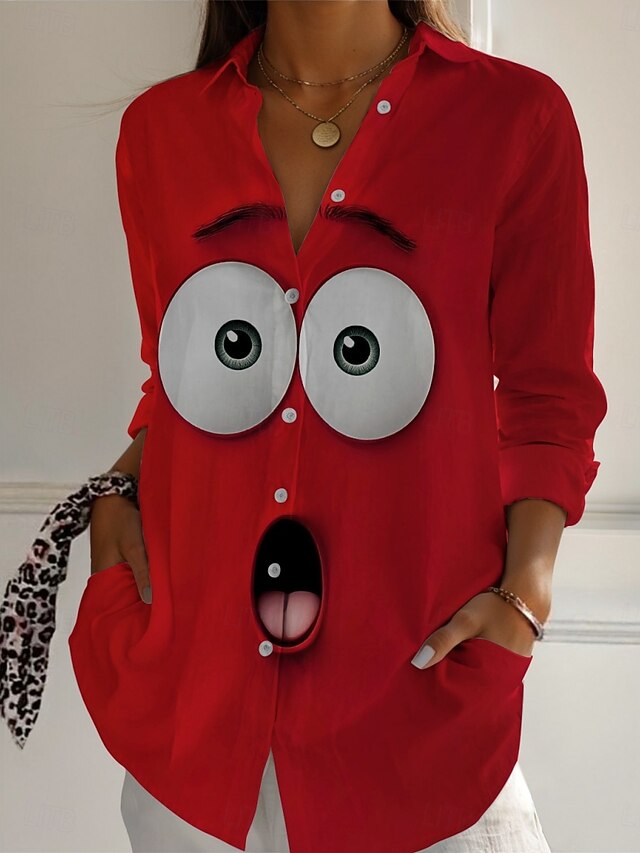Women's Cartoon Funny Smile Face Shirt Graphic Active Daily Stylish Long Sleeve Shirt Collar Regular Tops Daily Holiday Buttons Print Red Spring Fall4
