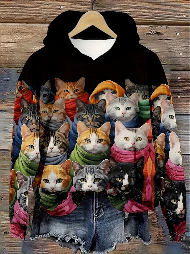  Damen Kapuzenpullover Grafik Tiermotiv Katze Vintage Mode Western Langarm Mit Kapuze Normale Oberteile Straße Alltagskleidung Lässig Druck Fronttasche Schwarz Herbst Winter