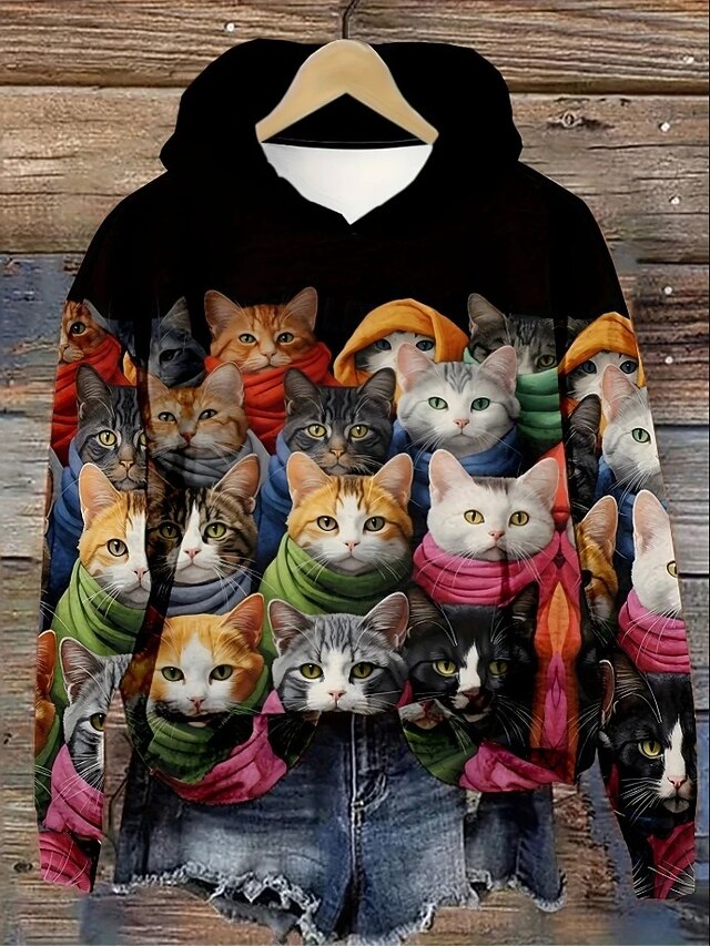 Women's Hoodie Pullover Sweatshirt Oversized Long Sleeve Casual Graphic Animal Cat Vintage Fashion Western Hooded Regular Tops Street Dailywear Print Front Pocket Black Fall Winter4
