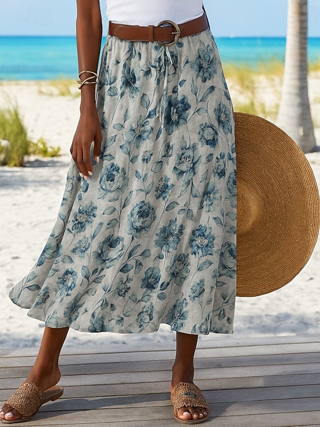  Femmes Jupe Longue Élégant Bohème ancien Occasionnel Maxi Taille haute Jupes Floral Non Elastique Vacances Décontracté Couleur de l'image Été Coton Lin