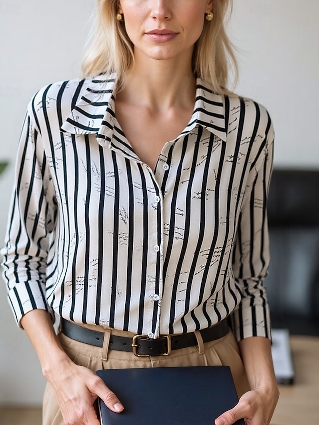  Dámské Halenka Oblečené topy Šifonové topy Barevné bloky Abstraktní Elegantní Denní stylové Dlouhý rukáv Košilový límec Běžné topy Práce Denní Knoflíky Tisk Černobílá Černá Bílá Béžová Jaro. Podzim