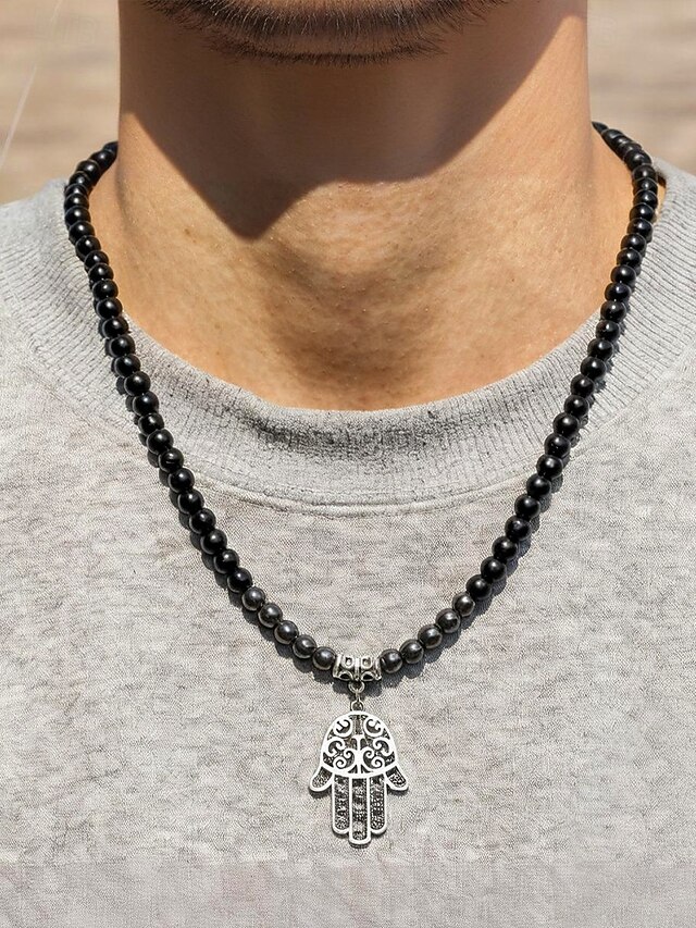  Svart pärlhalsband för män med silverhänge i hamsa – spirituella smycken i bohemisk stil för män, perfekta för vardagskläder, festivaler eller presenter