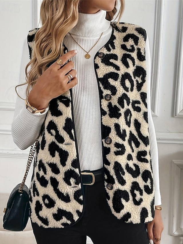  Dame Fleece vest Vest Hold Varm Bekvem Knapper Fleecelinet Mode Moderne Afslappet Leopard I-byen-tøj Weekend Enradet Normal V-hals Regulær Uden ærmer Overtøj Abrikos Vinter