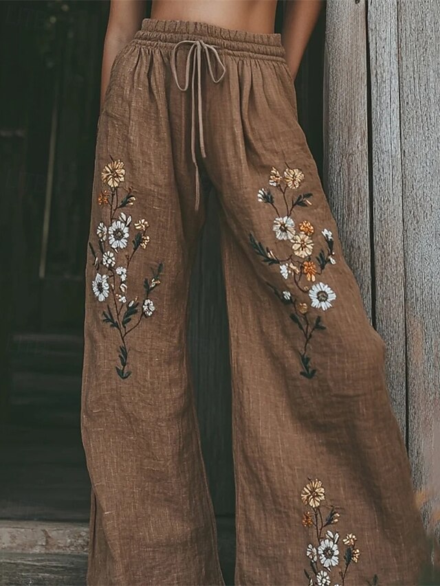Women's Wide Leg Pants Trousers Palazzo Pants Fashion Streetwear Full Length High Waist Flower Elastic Waist Drawstring Print Breathability Comfortable Street Daily Wear Going out Brown Spring Fall4