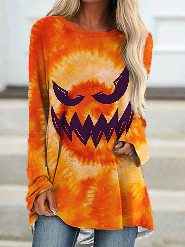 Halloween Women's T shirt Pumpkin Graphic Vintage Stylish Classic Long Sleeve Crew Neck Round Neck Long Tops Daily Print Black Yellow Orange Spring Fall4