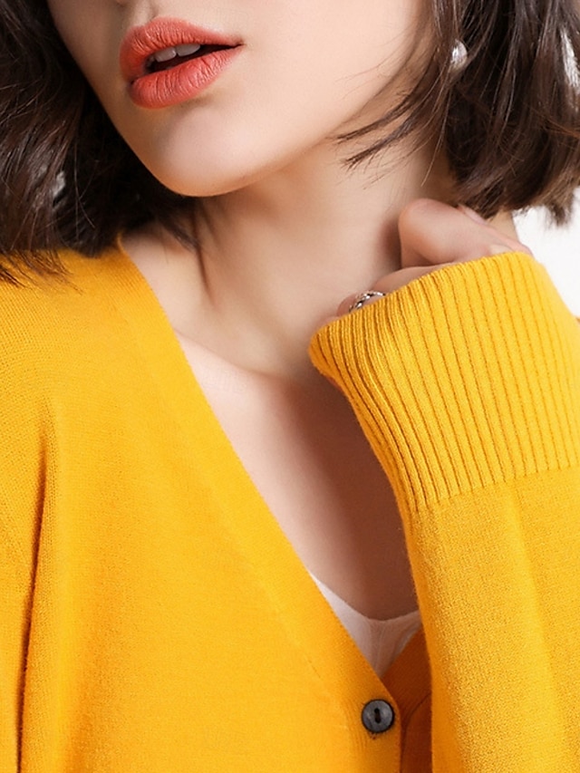  Dame Bluse Cardigan Elegant Mode Gade Ren farve V-hals Lomme Strikket Langærmet Almindelige toppe Strikke udendørs Daglig Weekend Sort Hvid Efterår Vinter