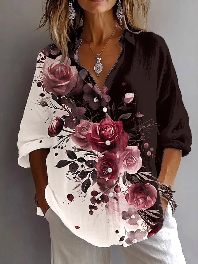  Damenhemd Langarm Button-Down Bluse Floral Grafik Geometrisch Vintage Täglich Stylisch Hemd Kragen Reguläre Oberteile Arbeit Täglich Urlaub Knöpfe Druck Hellgrün Blau Fuchsia Sommer Frühling Herbst