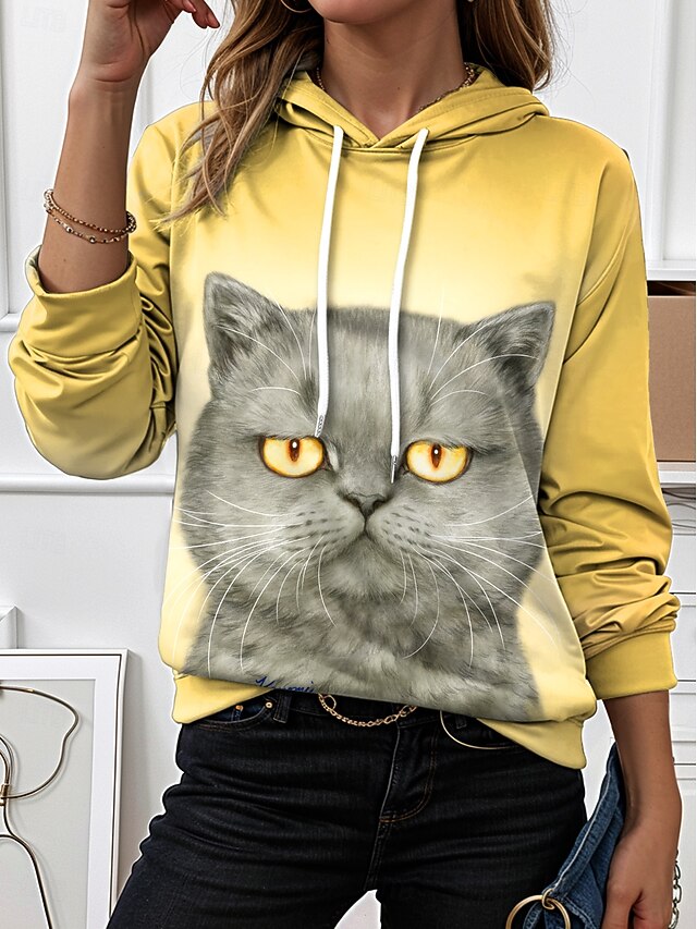 Kayomi Harai Women's Hoodie Pullover Sweatshirt Oversized Long Sleeve Casual Graphic Animal Cat Vintage Fashion Western Hooded Street Dailywear Holiday Print Light Pink Yellow Light Green Fall Winter4