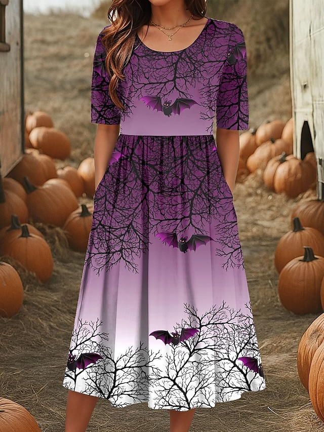  Halloween Dámské Midi Šaty A Linie Šaty Letní Šaty Dovolená Příležitostný Každodenní Svátek Běžné Fit Grafický Zvíře Poloviční Rukáv Kulatý Výstřih Modrá Fialová Zelená Léto Podzim