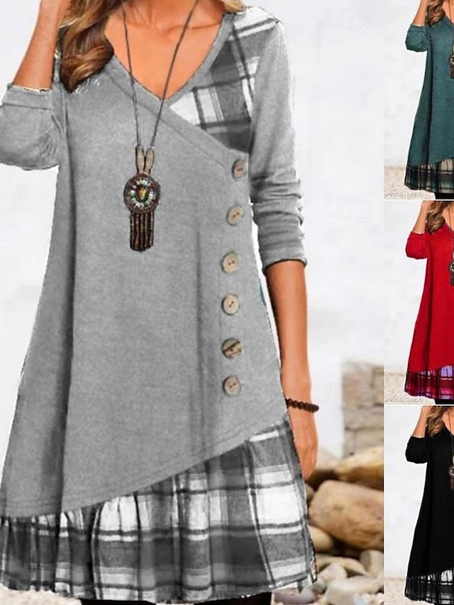  Femmes Mini Robe Robe trapèze Occasionnel Quotidien Coupe régulière Plaid manche longue Col en V Noir Rouge Vert Gris Automne Hiver