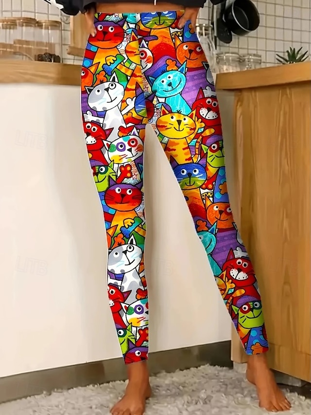  Per donna Leggings Punk Attivo Vacanza Lunghezza intera Vita Alta Grafico Animale Gatto Stampa 3D Asciugatura Rapida Traspirabilità Morbido Elasticizzato All'aperto Casa Casual Nero Bianco Arcobaleno