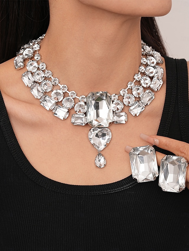  Gargantilla y pendientes de cristal plateado con declaración para mujer: joyas glamurosas con diamantes de imitación grandes para fiestas, bodas y eventos formales.