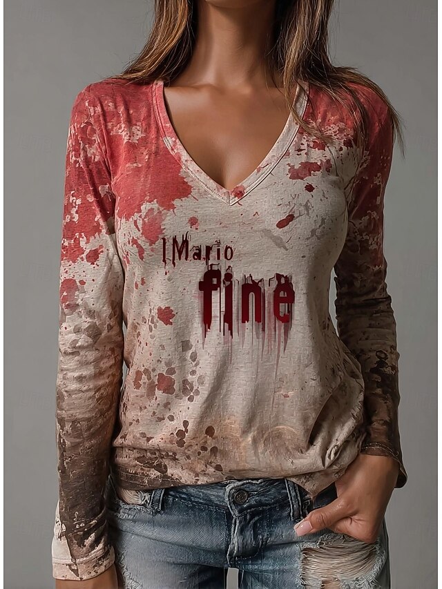 Halloween Women's T Shirt Bloodstain V Neck Long Sleeve Tunic Graphic Abstract Marble Vintage Fashion Stylish Regular Tops Daily Weekend Print Khaki Summer Fall Winter Spring, Fall, Winter, Summer4