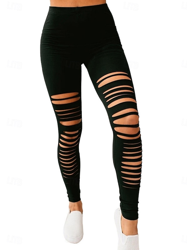  Damen Leggings Streetwear Lässig Lang Hohe Taille Einfach Zerrissen Atmungsaktivität Weich Mikroelastisch Yoga Straße Schwarz Grau Herbst Normale Passform