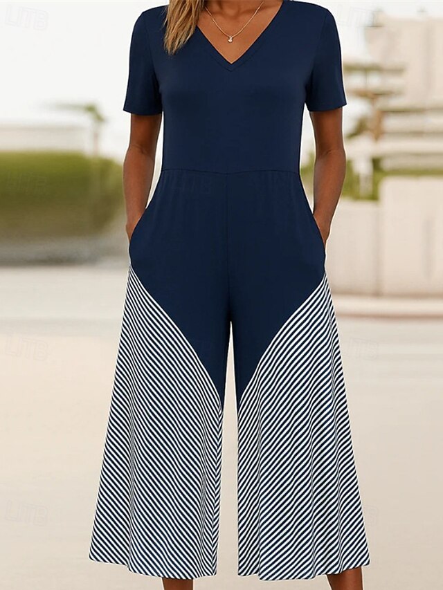 Women's Normal Jumpsuit Streetwear Striped Short Sleeve Wide Leg V Neck Pocket Print Street Daily Regular Fit Navy Blue Summer4