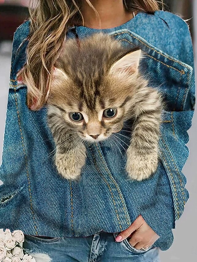 Women's Pullover Sweatshirt Hoodies Graphic Animal Cat Fashion Casual Long Sleeve Crew Neck Round Neck Regular Tops Street Dailywear Print Denim Blue Spring Fall Winter4