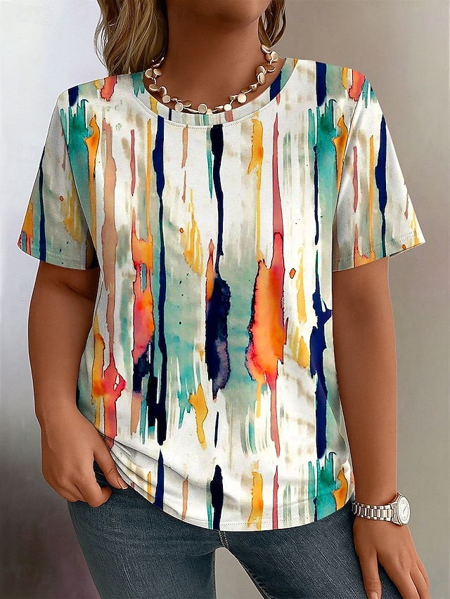  Women's Plus Size Tops T Shirt Graphic Abstract Print Short Sleeve Crew Neck Casual Daily Polyester Summer Spring White Blue
