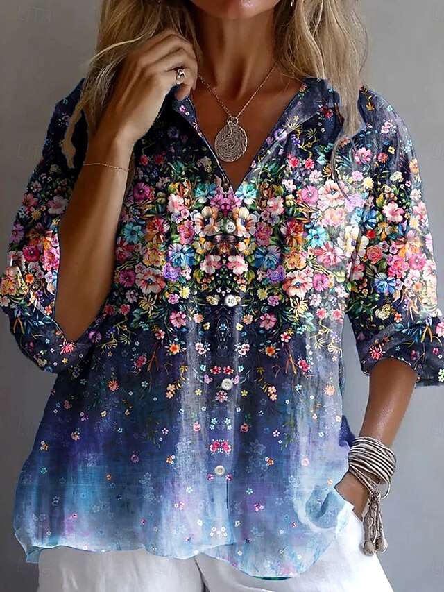 Women's Shirt Button Down Tunic Shirt Collar Long Sleeve Ombre Floral Graphic Vintage Tropical Daily V Neck Regular Tops Work Daily Holiday s Print Navy Blue Spring Fall4
