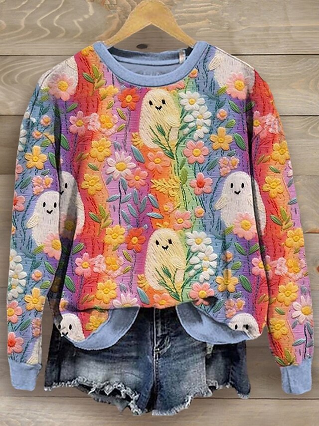 Halloween Women's Sweatshirts Ghost Graphic Casual Long Sleeve Crew Neck Regular Tops Street Dailywear Casual Print Blue Orange Green Spring Fall Winter4