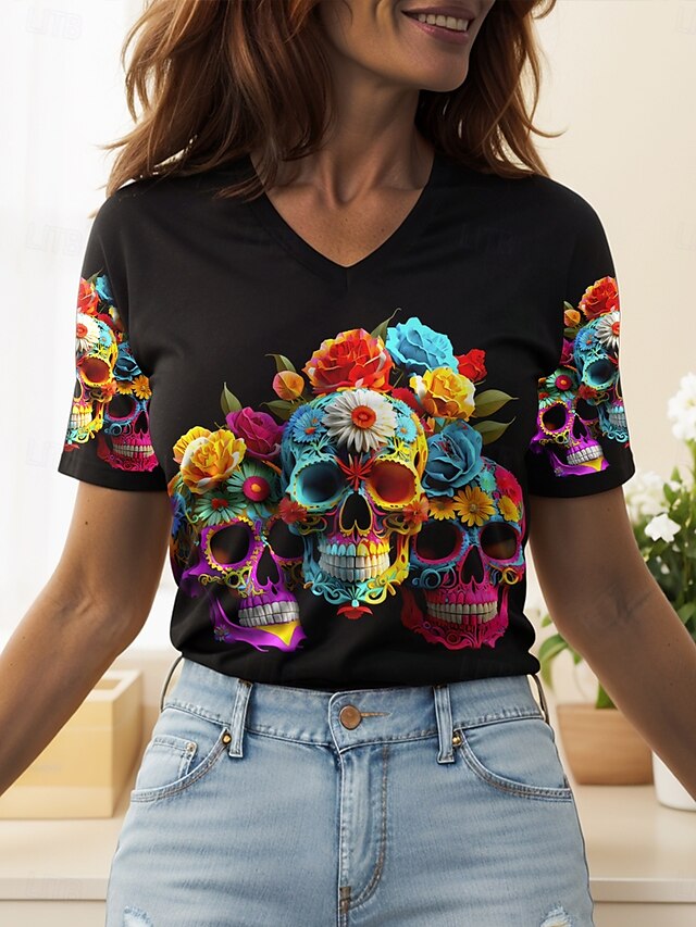  Halloween Femmes T-shirt Fleuri Graphique Crâne ancien Élégant Classique Manche Courte Col en V Hauts Réguliers Quotidien Imprimé Noir Orange Gris Été Printemps