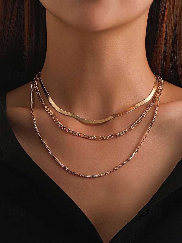  Women's Gold Layered Chain Necklace – Alloy Choker Set, Trendy Minimalist Jewelry for Parties, Dates and Night Out