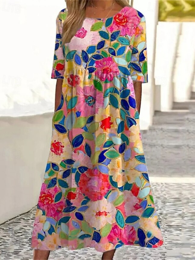 Women's Midi Dress Casual Dress Summer Dress Fashion Modern Daily Beach Weekend Regular Fit Flower Half Sleeve Crew Neck Pink Green Spring Fall4