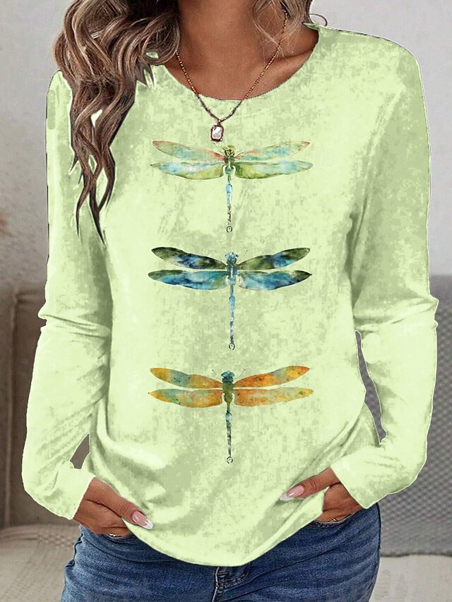  Pâques Femmes T-shirt Graphique Animal Libellule ancien Élégant Classique manche longue Col ras du cou Col rond Hauts Réguliers Quotidien Imprimé Vert Claire Rose Claire Bleu Ciel Été Printemps