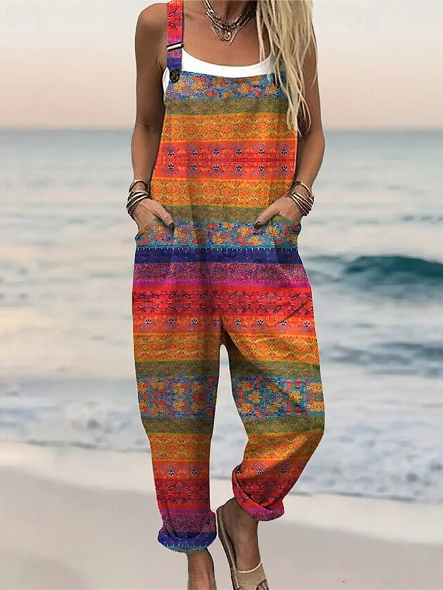 Women's Normal Jumpsuit Streetwear Floral Short Sleeve Wide Leg U Neck Pocket Print Street Daily Regular Fit Orange Summer4