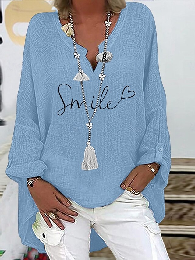 Women's Cotton Shirts Letter Basic Casual Long Sleeve V Neck Regular Tops Daily Print Black Navy Blue Sky Blue Summer Spring Fall4