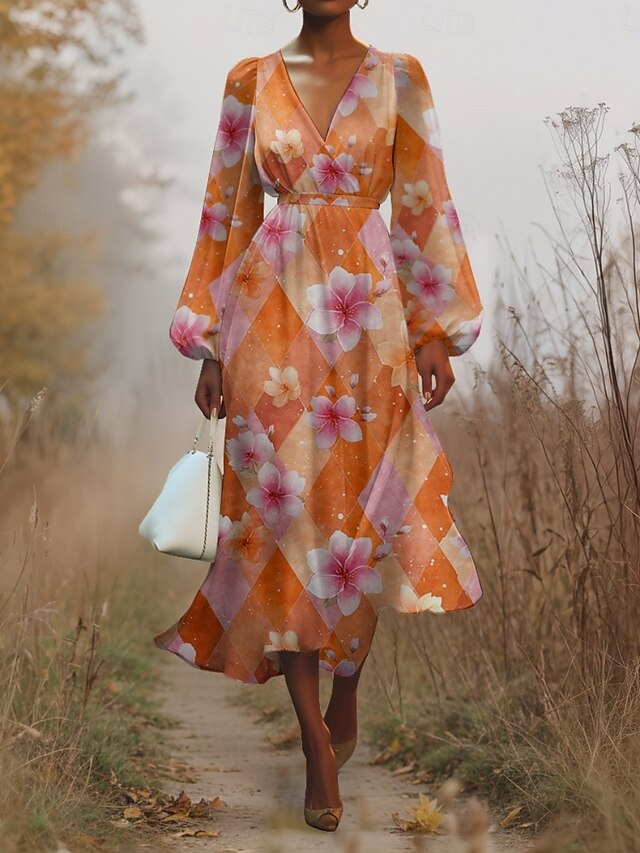  Women's Midi Dress Casual Dress Chiffon Swing Dress Modern Vacation Daily Weekend Regular Fit Floral Plaid Long Sleeve V Neck Yellow Blue Purple Orange Summer Spring Fall Autumn