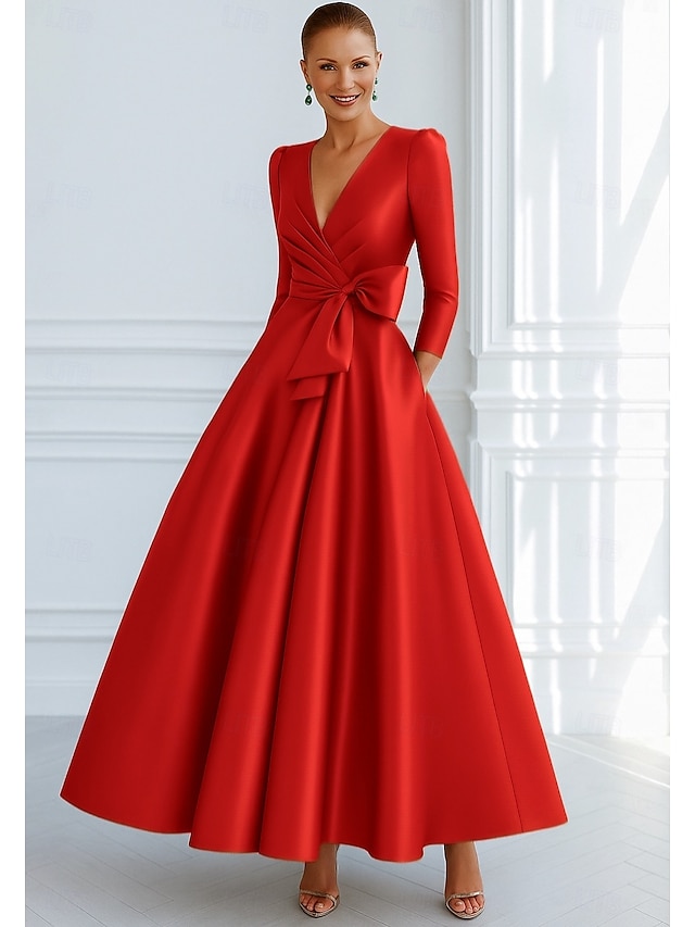  Bind A-Linien Abendkleid Elegantes Kleid Formelle Hochzeitsgast Boden Länge 3/4 Länge Ärmel V-Ausschnitt Tasche Stretch Satin mit Schleife(n)