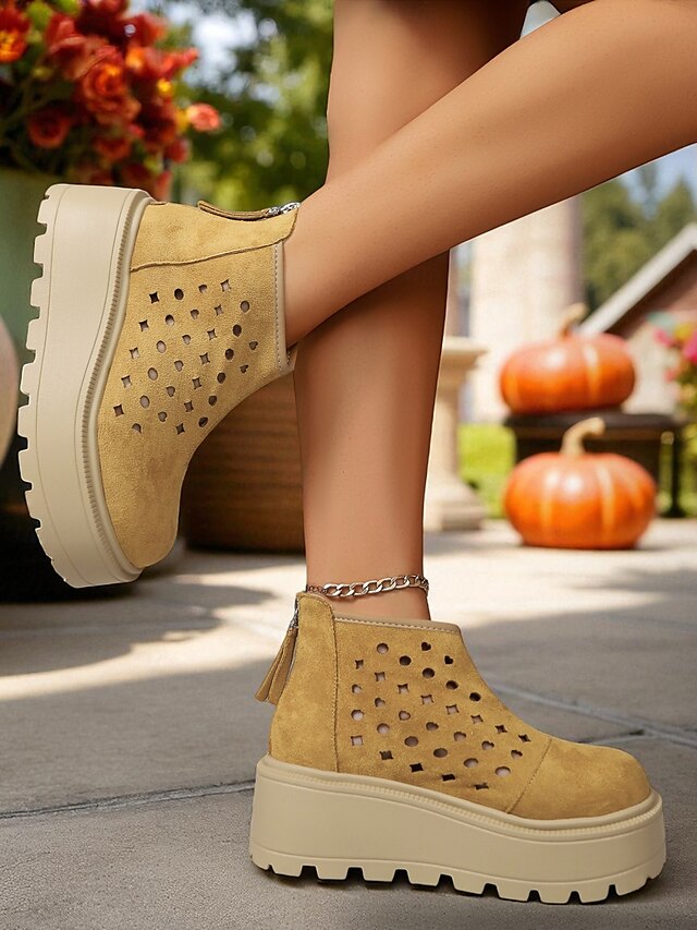  Femmes Bottes Quotidien Bottines Plateau Compensé Bout Rond Occasionnel Faux daim Fermeture éclair Chameau Beige
