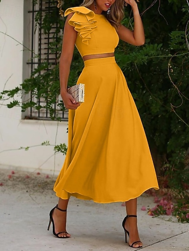  Strandhochzeit Zweiteilige Cocktailkleider Elegantes Kleid Abschlussfeier Verlobung knöchellang Ärmellos Juwel-Ausschnitt Herbst Hochzeitsgast Satin mit Rüschen einfarbige Kleider