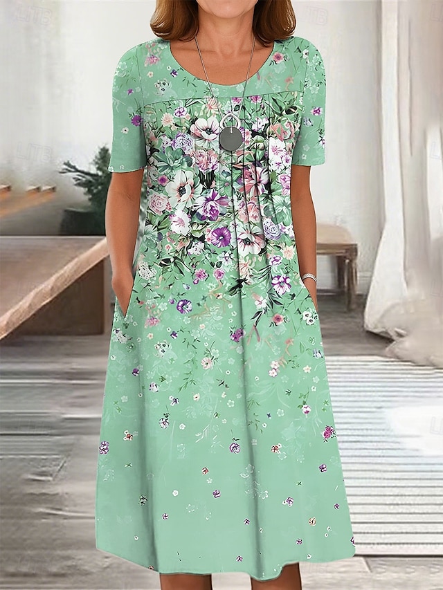  Damen Midikleid T-Shirt-Kleid A Linie Kleid Sommerkleid Urlaub Lässig Täglich Normale Passform Blumen Grafik Kurzarm Rundhalsausschnitt Rosa Blau Grün Sommer Frühling